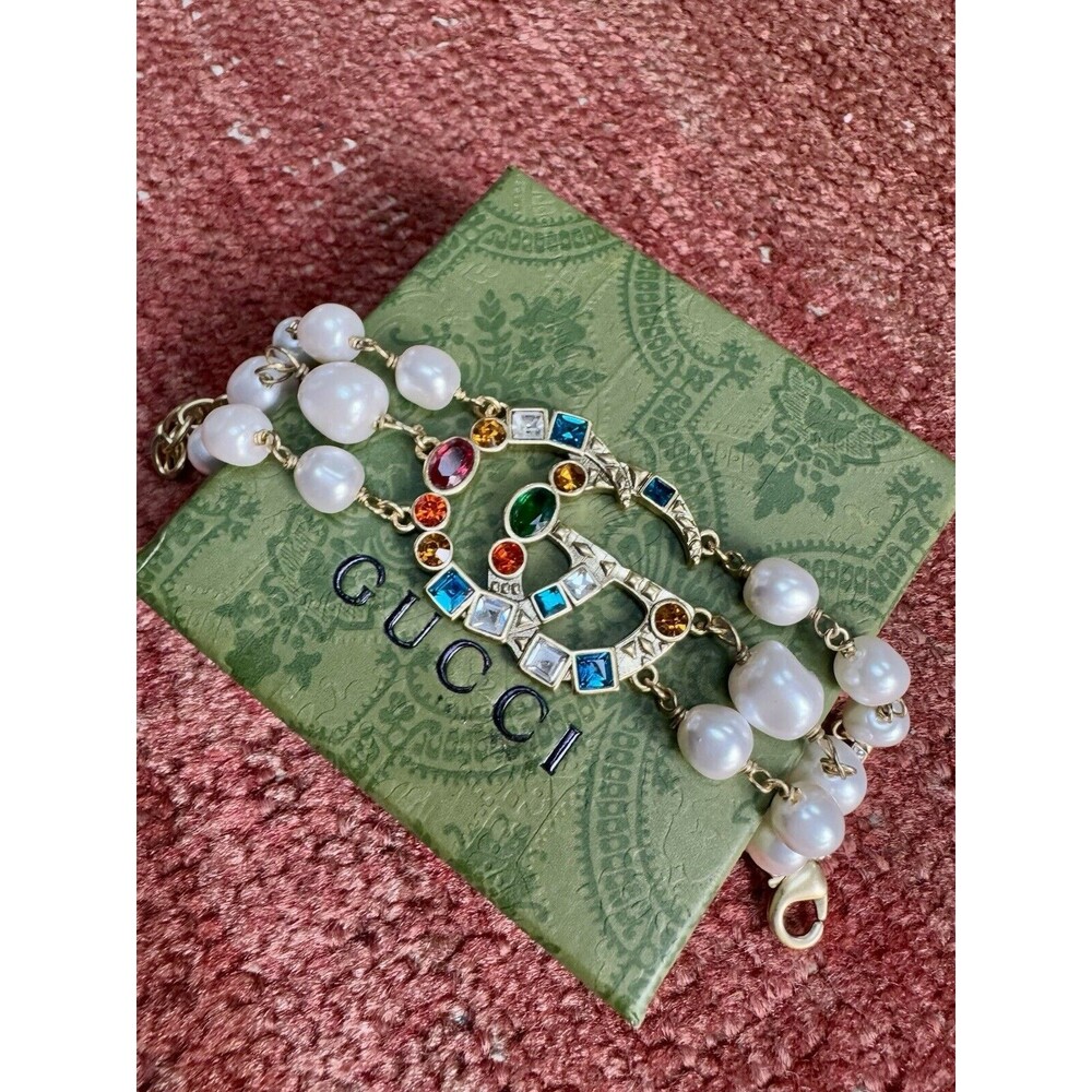Gucci GG Vintage Pearls and Crystal Row Layered Double G Chain Bracelet